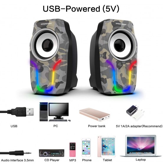 Computer Speakers,2.0 Stereo Volume Control Gaming Speakers with Surround Sound,6 RGB LED Backlit Effect,USB Powered Wired Laptop Speakers with 3.5mm for Desktop Computer/PC/Laptops(White) Computer Speakers,2.0 Stereo Volume Control Gaming Speakers with Surround Sound,6 RGB LED Backlit Effect,USB Powered Wired Laptop Speakers with 3.5mm for Desktop Computer/PC/Laptops(White)